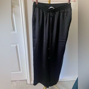 Double Zero Women Black Satin Wide Leg Drawstring Pants Large EUC